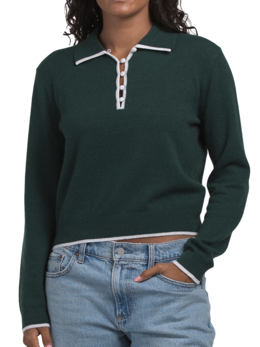 White + Warren Green Cashmere Tipped Button Polo Sweater NWT